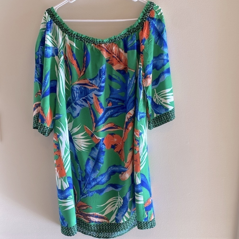 Free Market by Flying Tomato scoop elastic neck short sleeve tropical dress L - Picture 7 of 8